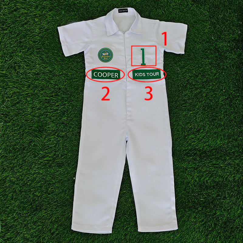 Custom Golf Short-Sleeved Shirt And Long Pants Suit for kids Golf White-Green Suit Children's Jumpsuit Baby Golf Birthday Uniform With Hat