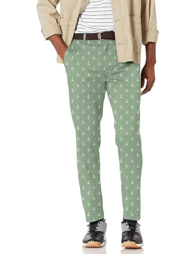 Men's grass green stretch golf pants with anchor pattern, moisture-wicking and wrinkle-resistant fabric