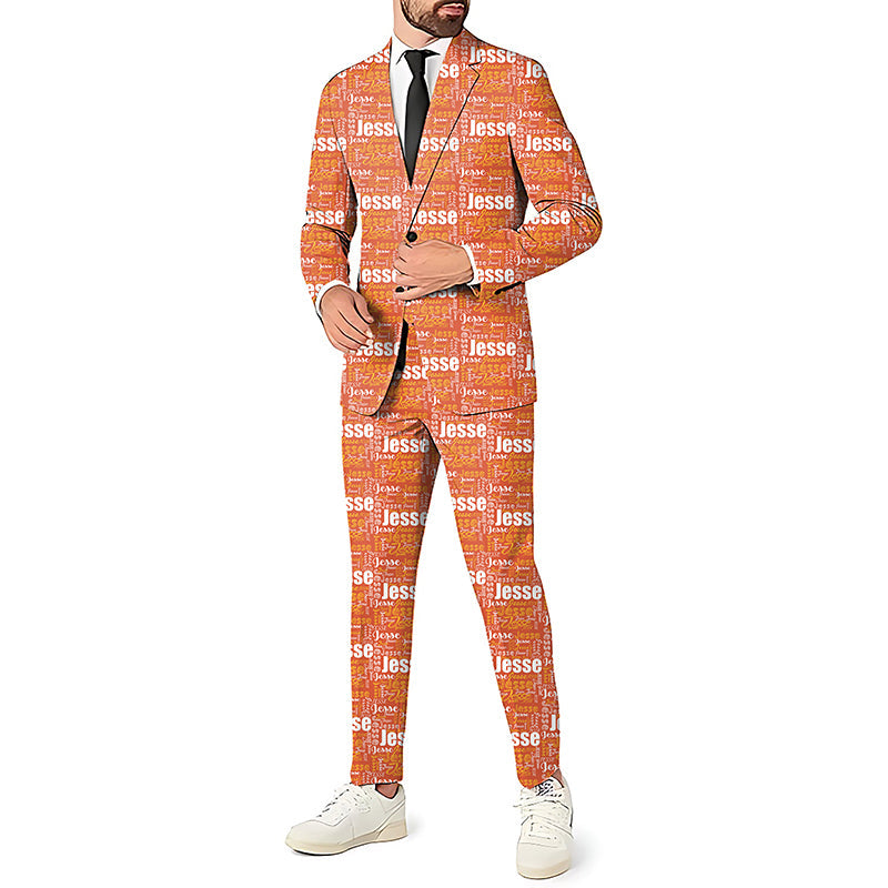 Custom Repeat Men's Party Suit Set with Blazer, Pants, and Vest in Orange with Personalized Name Pattern