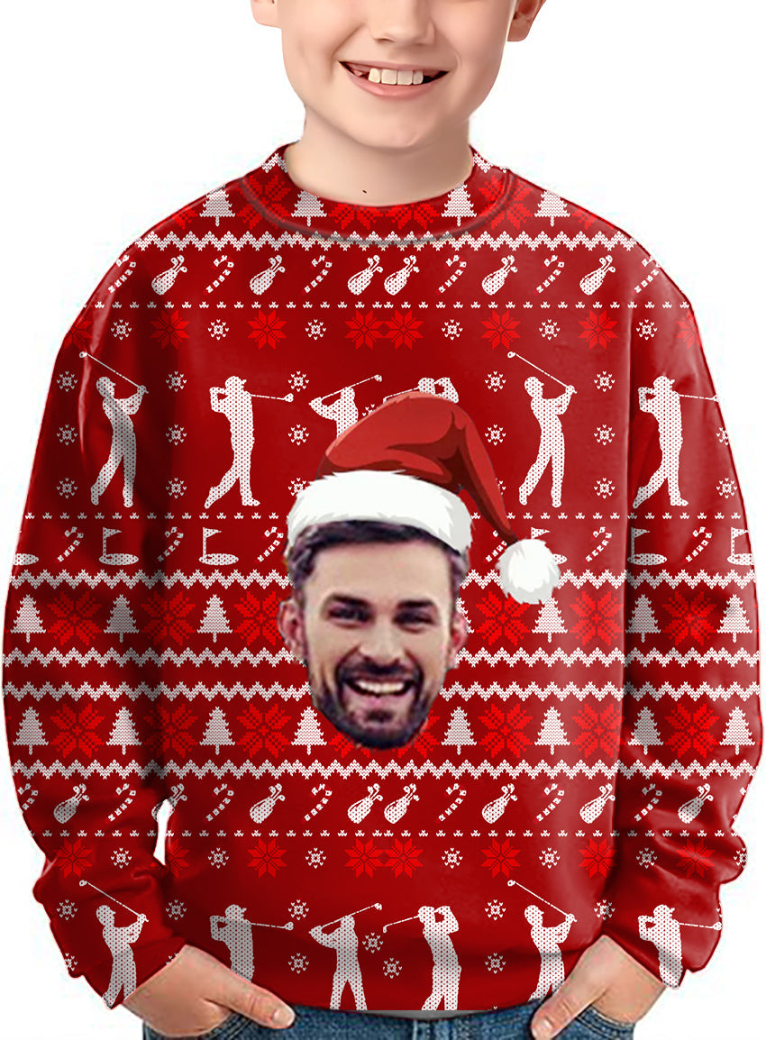 Custom face M-Christmas kids crewneck pullover with golf and holiday pattern and personalized face design
