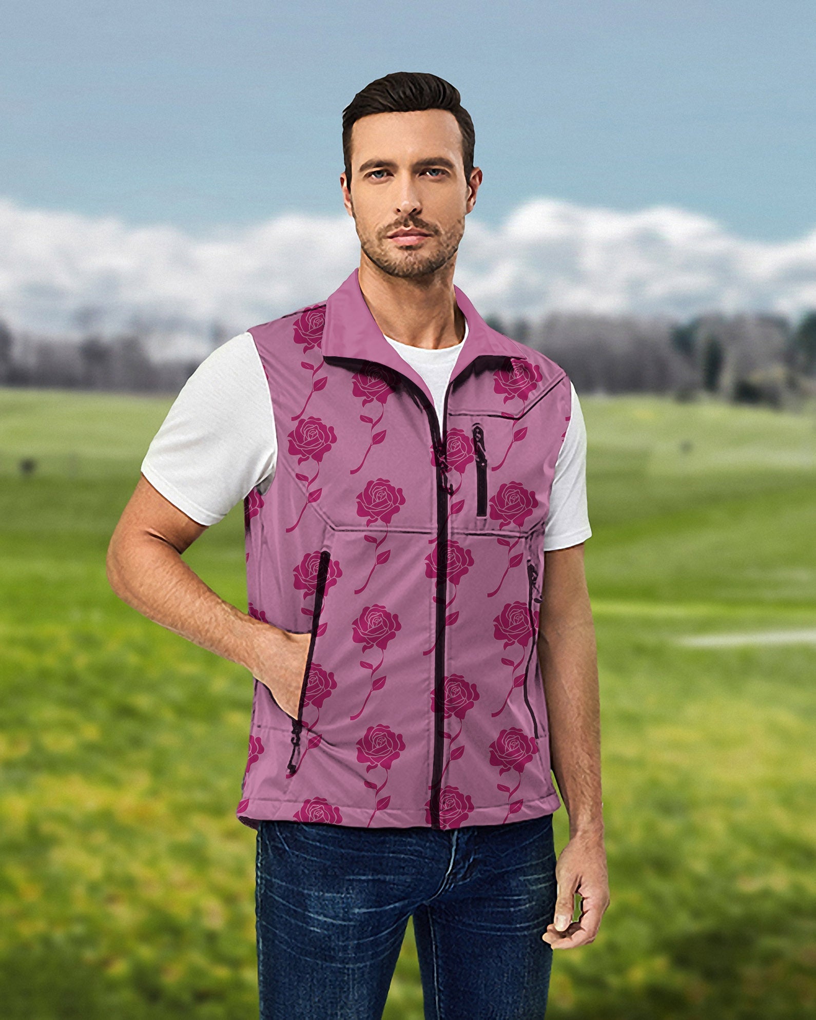 Men's red roses lightweight softshell vest sleeveless jacket for golf, windproof and waterproof