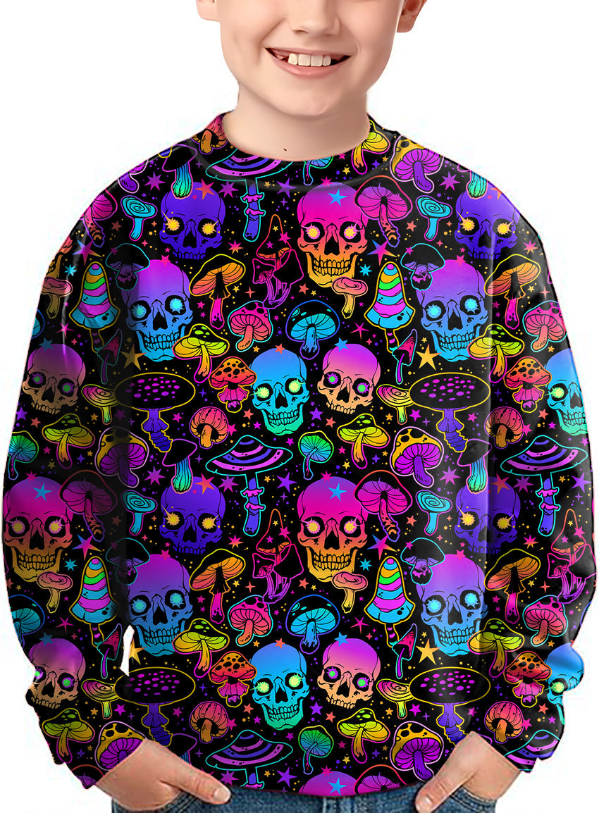 kids neon skull crewneck pullover with colorful skull and mushroom design