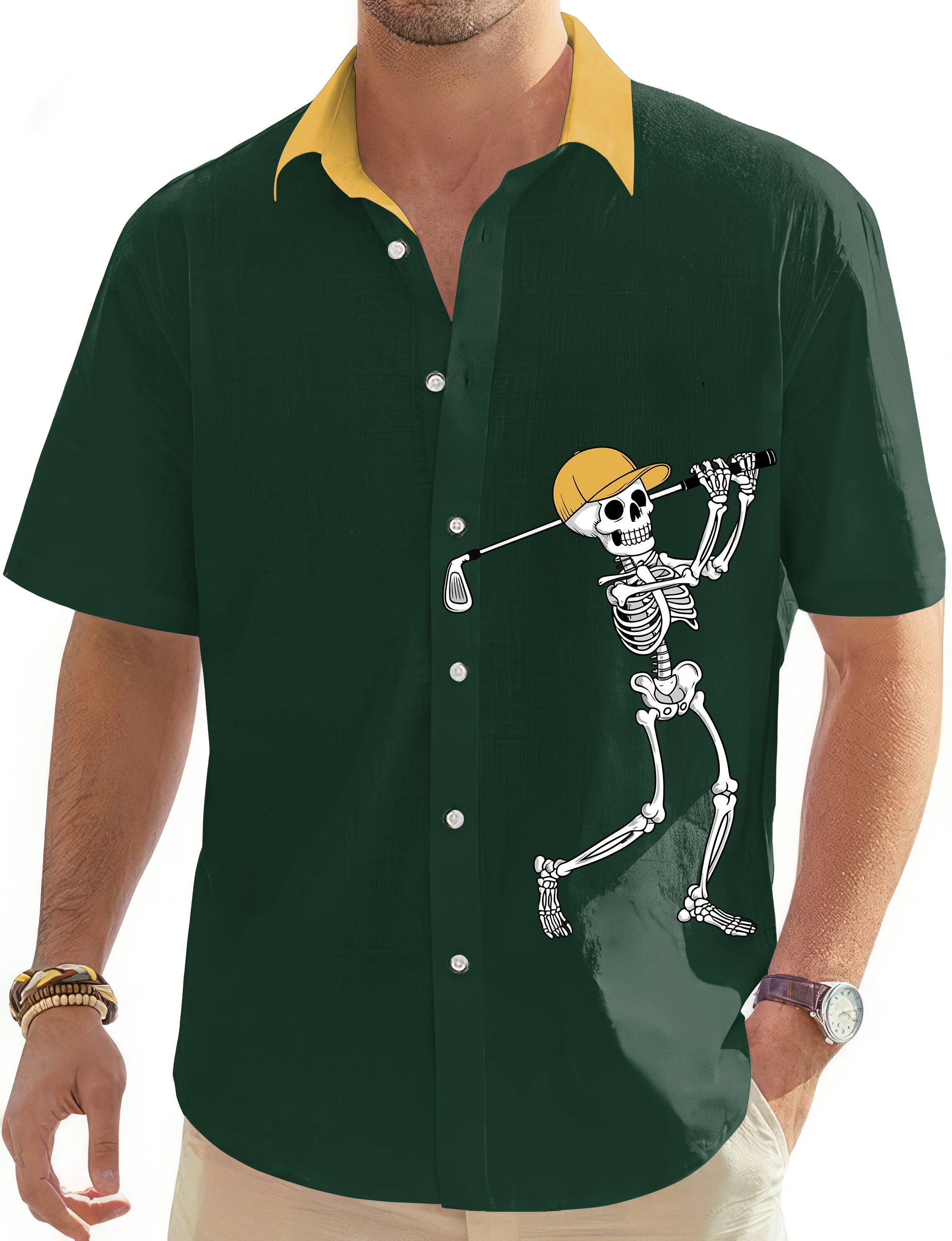 Yellow Green Halloween Skeleton Golf Men's Golf Hawaiian Shirts Button Down Shirt
