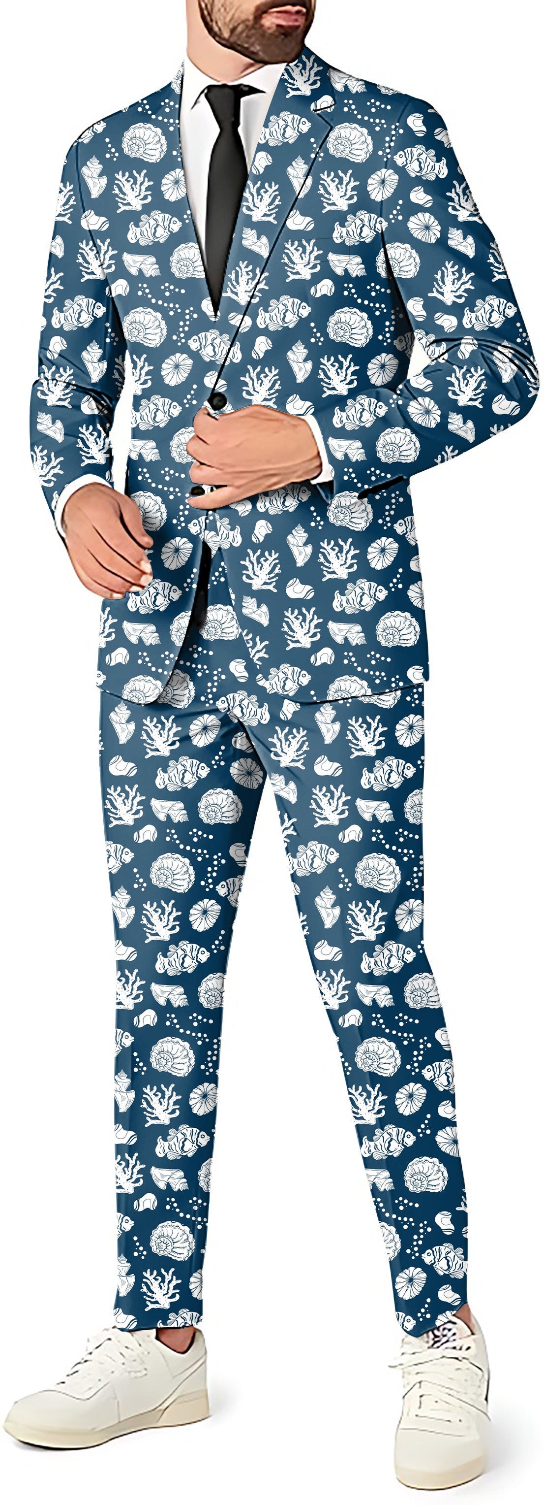 Tropical Fish men's party costume suit with blazer, pants, and vest in blue and white pattern