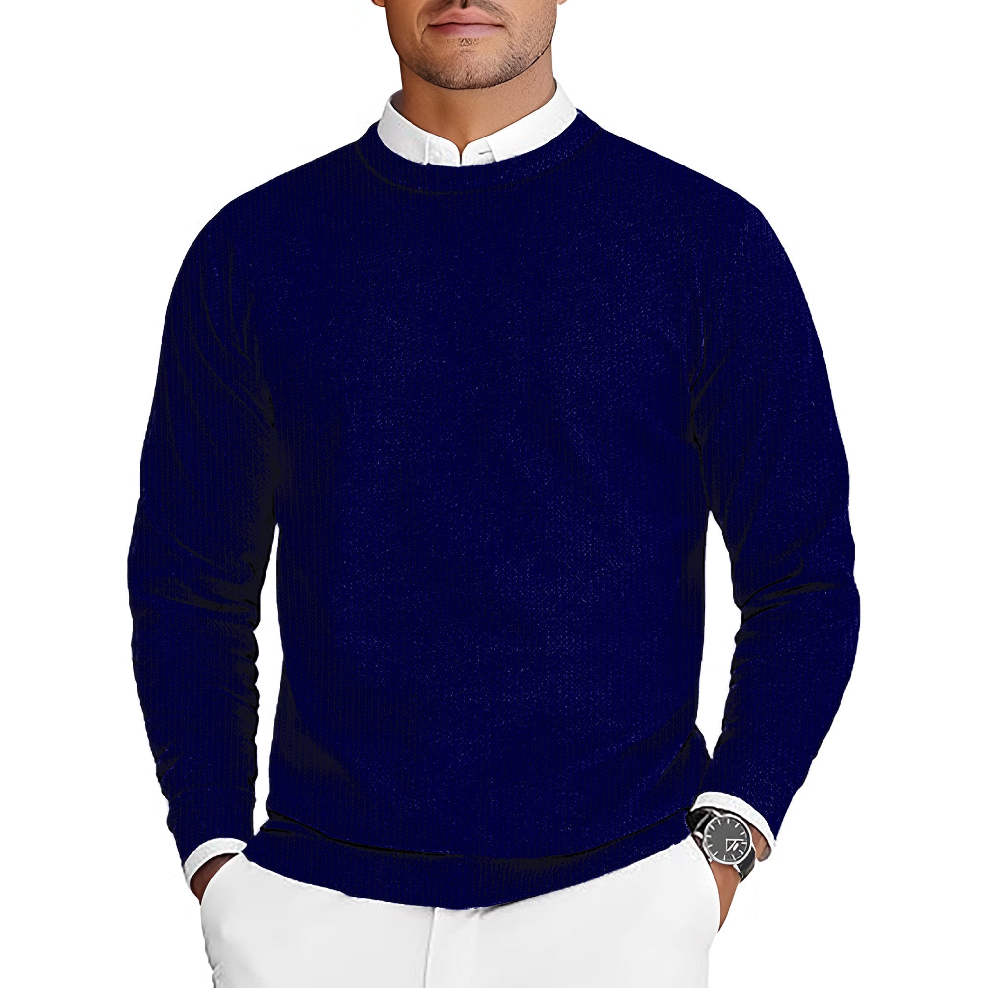 men's navy golf crewneck pullover sweater with white shirt collar and cuff visible