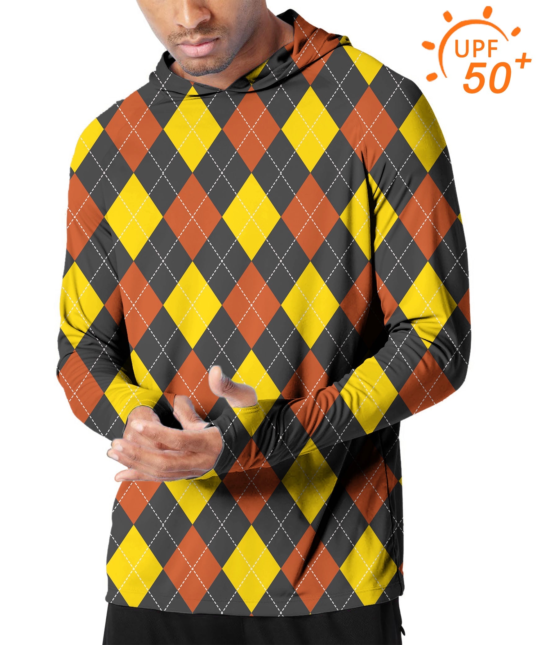 Men's outdoor red argyle slim fit hoodie with UPF 50+ sun protection and breathable fabric