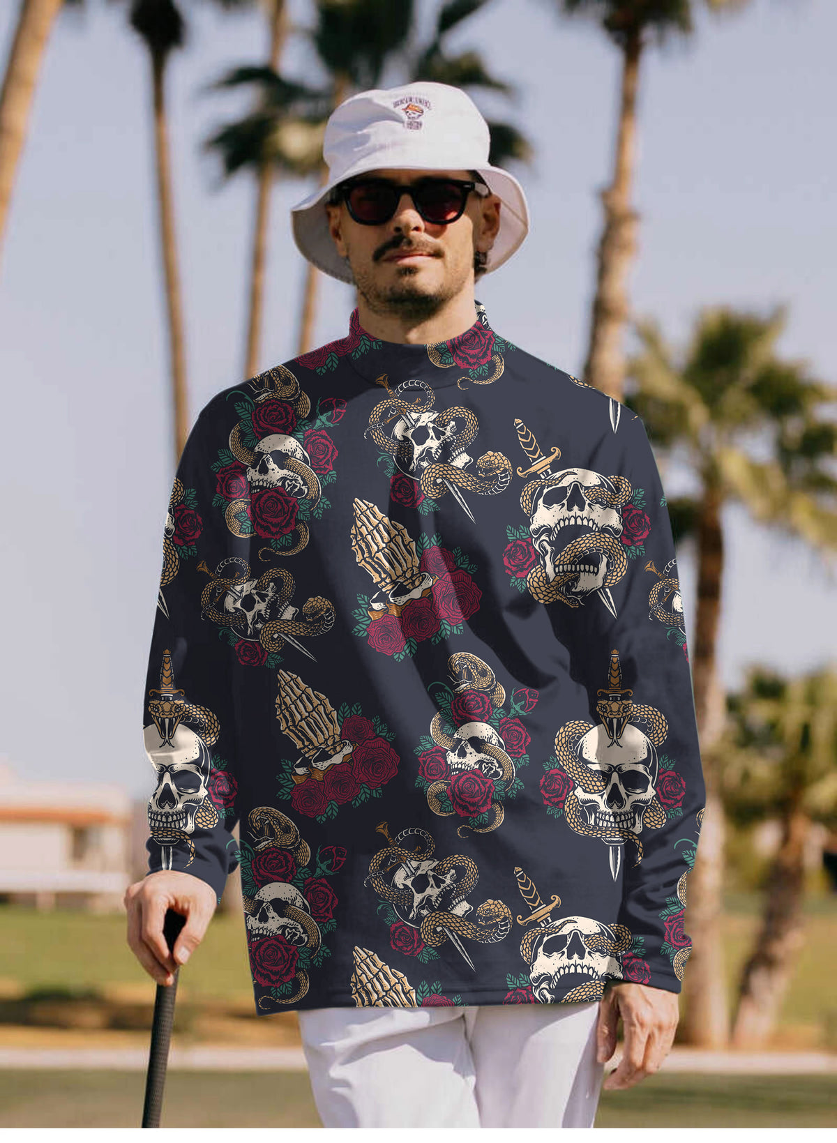 Men's Halloween Snake Skeleton Mock Neck Long/Short Sleeve Golf Tops