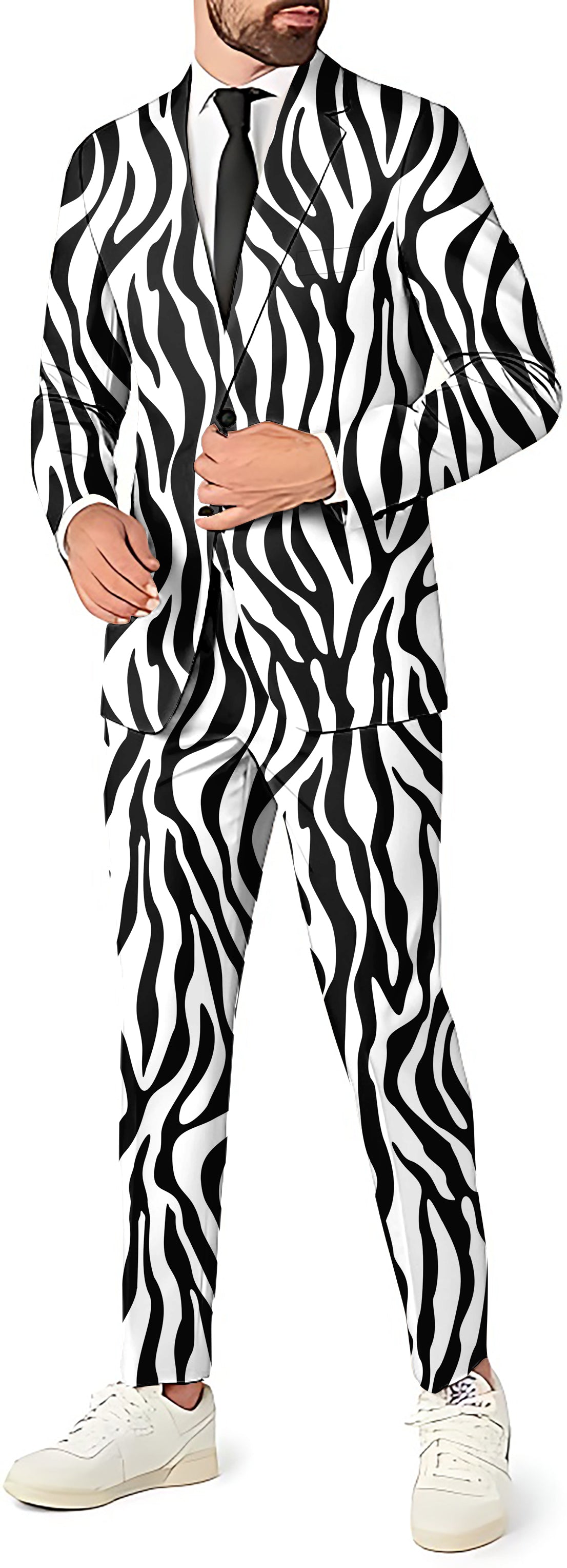 Zebra men's party costume suit set with blazer, pants, and vest in black and white stripes