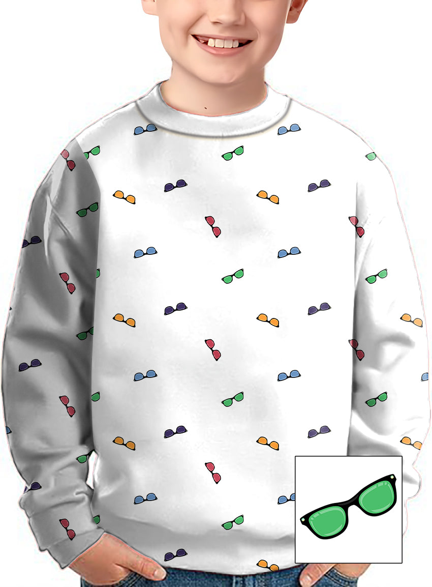 Kids white crewneck pullover with colorful sunglass pattern and customizable background color