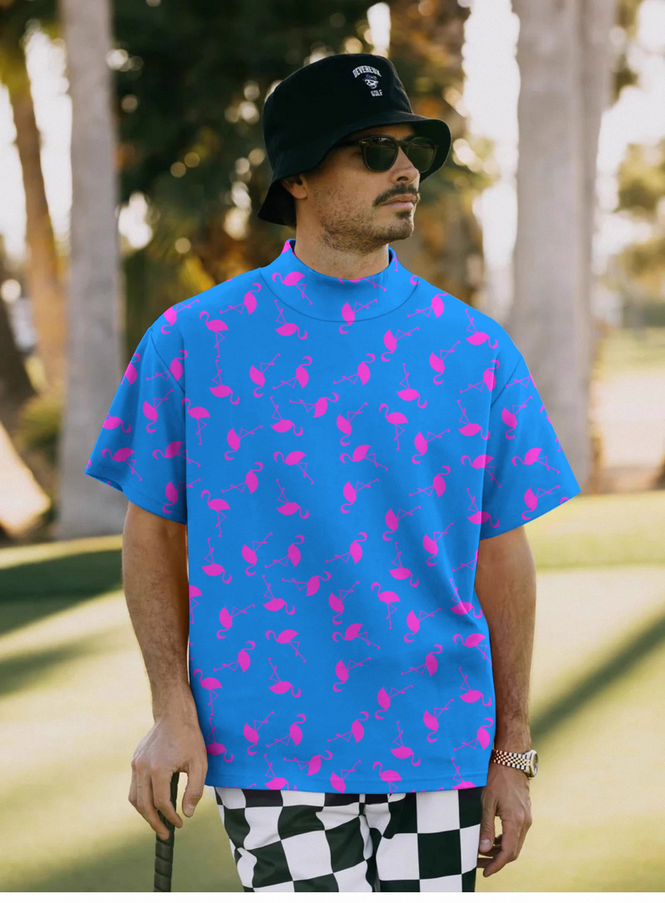 Men's Blue flamingo Pullover High neck Long/Short sleeve T-Shirt
