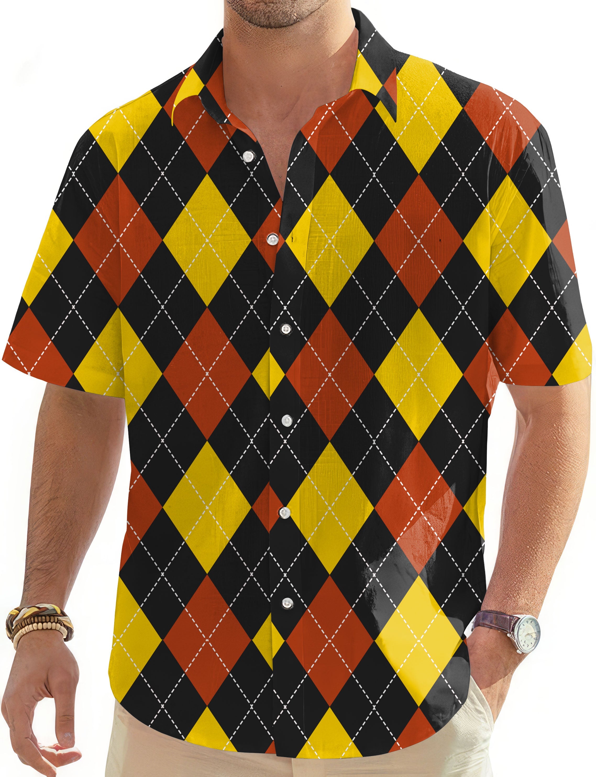 Red argyle-patterned men's golf Hawaiian shirt with button-down front and short sleeves
