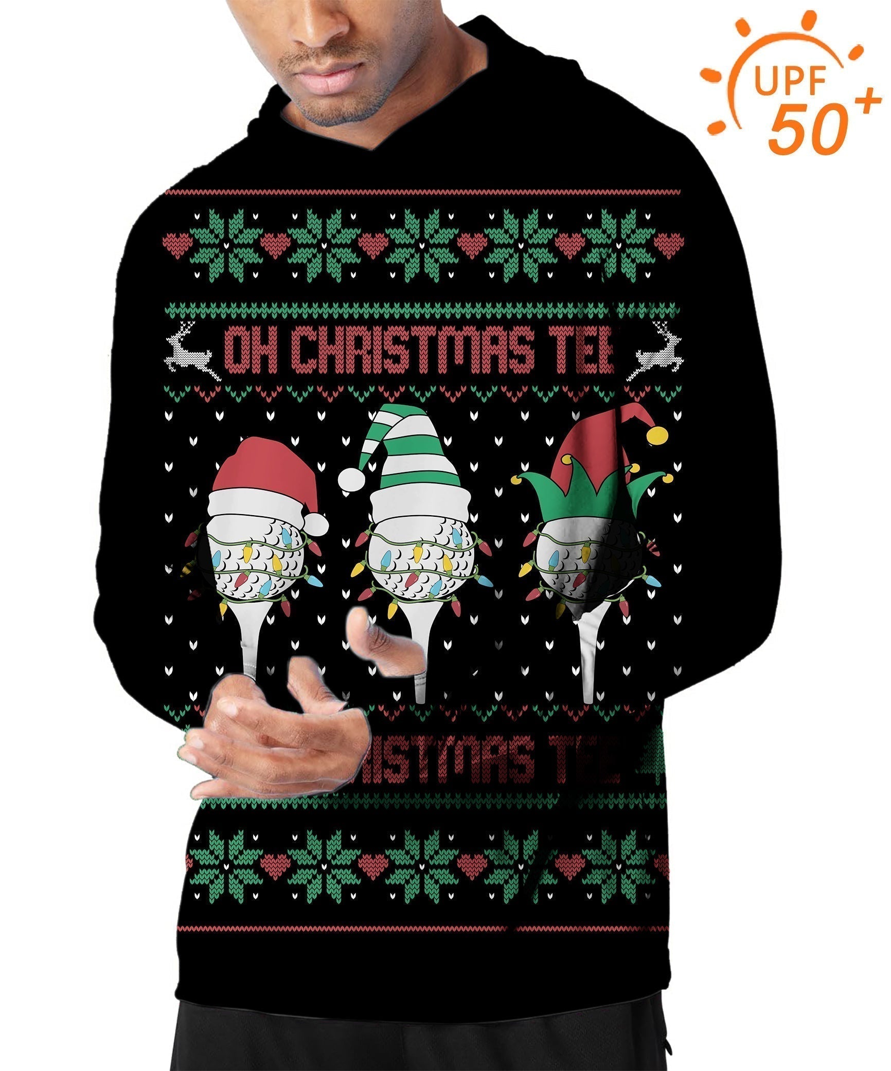Men's Outdoor Black Christmas hoodie with sun protection UPF 50+, slim fit and festive golf tee design