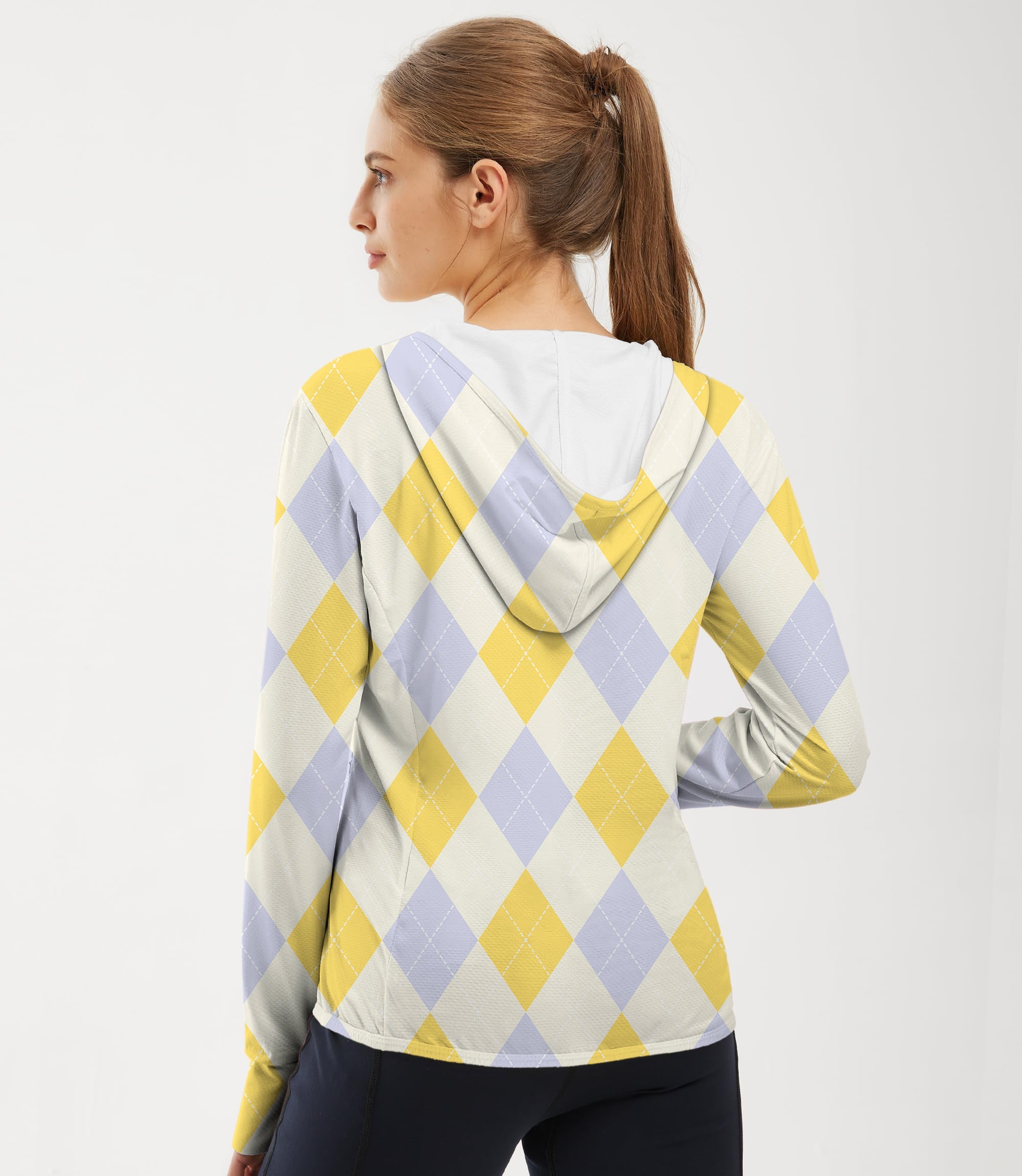 Women's outdoor slim fit zip hoodie with yellow and lavender argyle pattern, sun protection, moisture-wicking, and thumb holes.