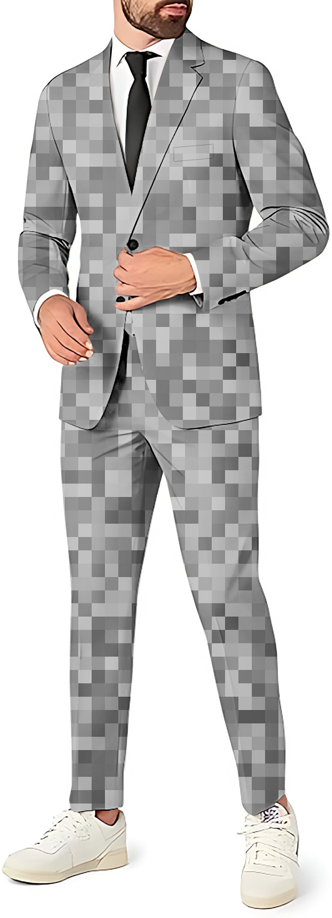 Grey Pixel Big Men's Party Costume 3pcs suit set with blazer, pants, and vest.