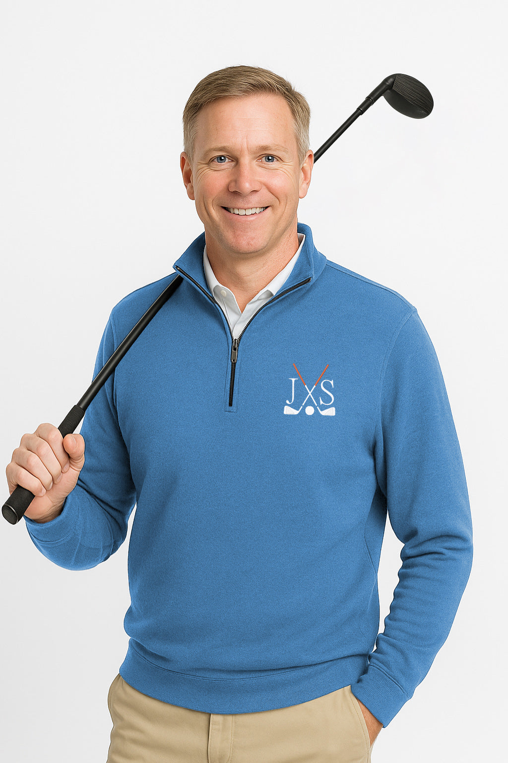 Plus size men's blue high neck hoodie with embroidery solid color and front pouch pocket