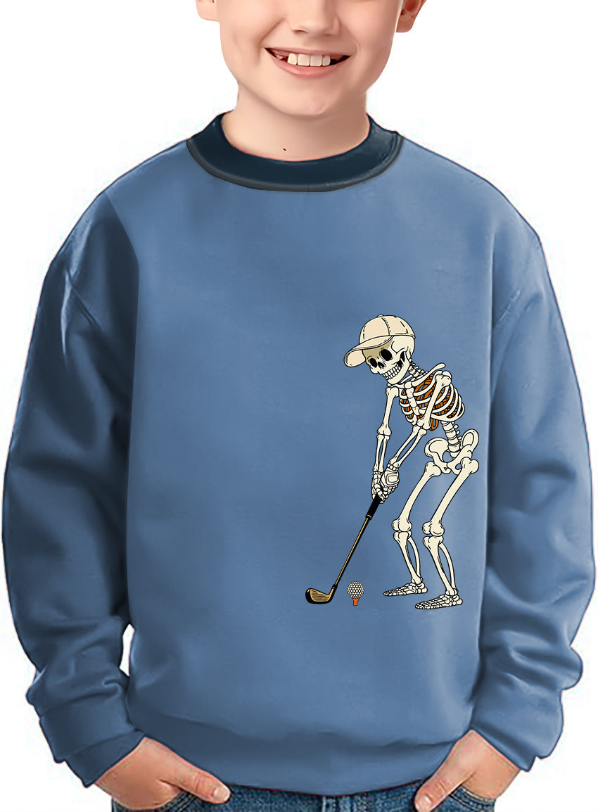 Kids white and royal blue Halloween skeleton golf crewneck pullover sweater