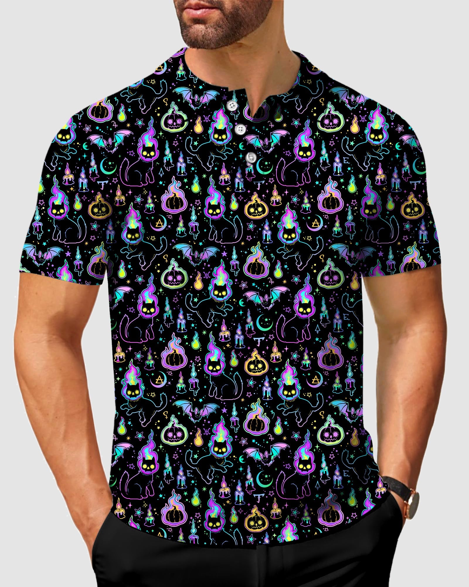 Men's Halloween ghost pumpkin cat polo shirt with stretchy, wrinkle-resistant fabric and UV protection