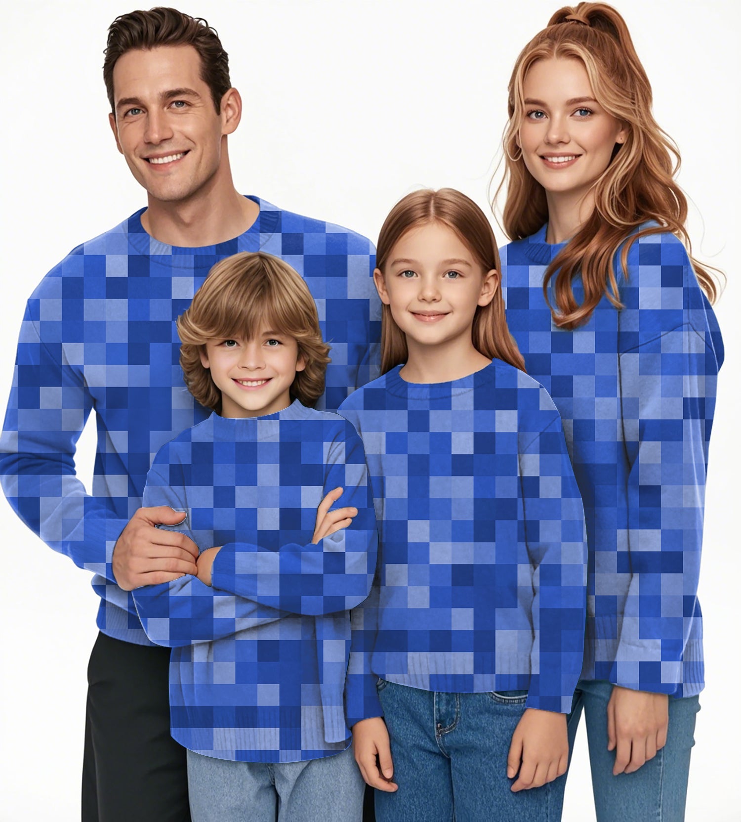 Family wearing navy blue pixel pattern crewneck pullovers matching ugly sweaters for men women kids