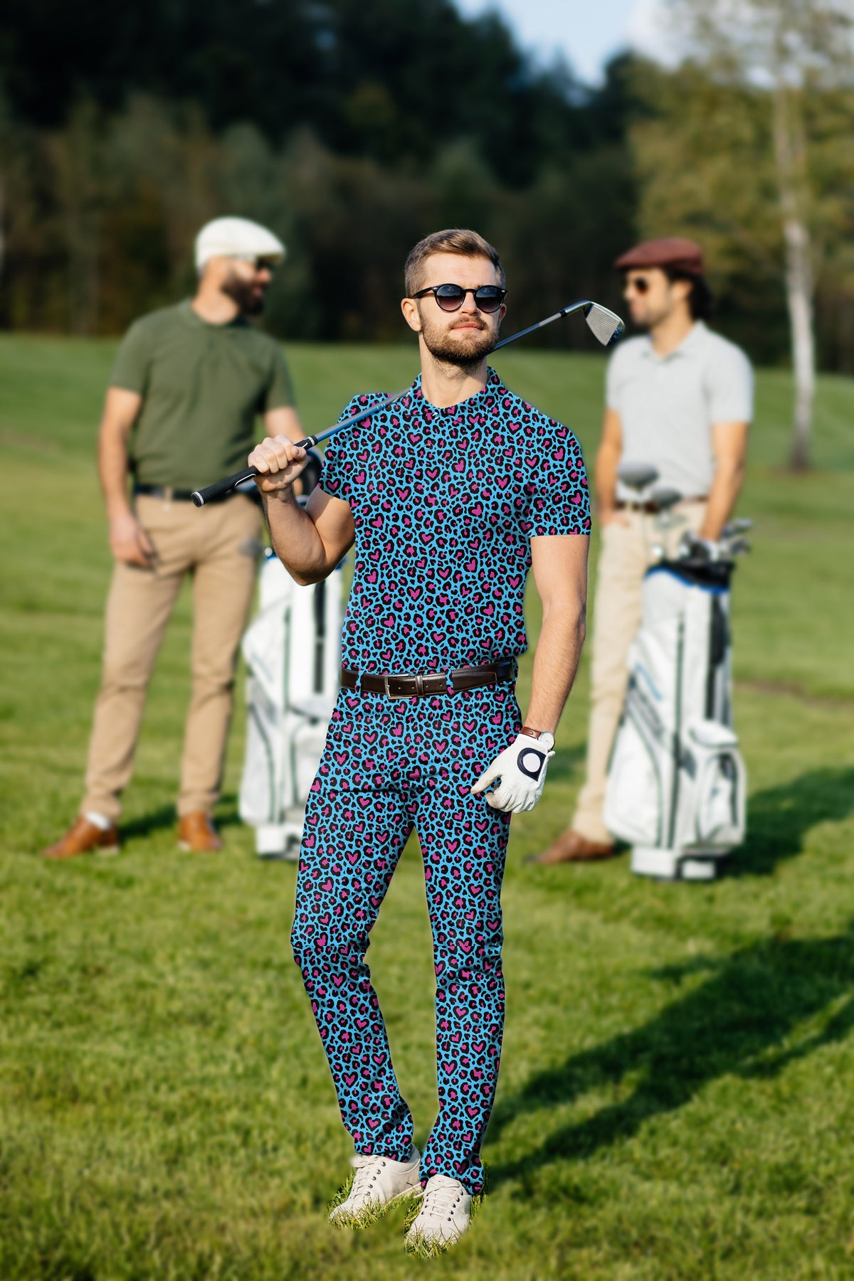 Men's Golf Set Polo+Pants Pink leopard print