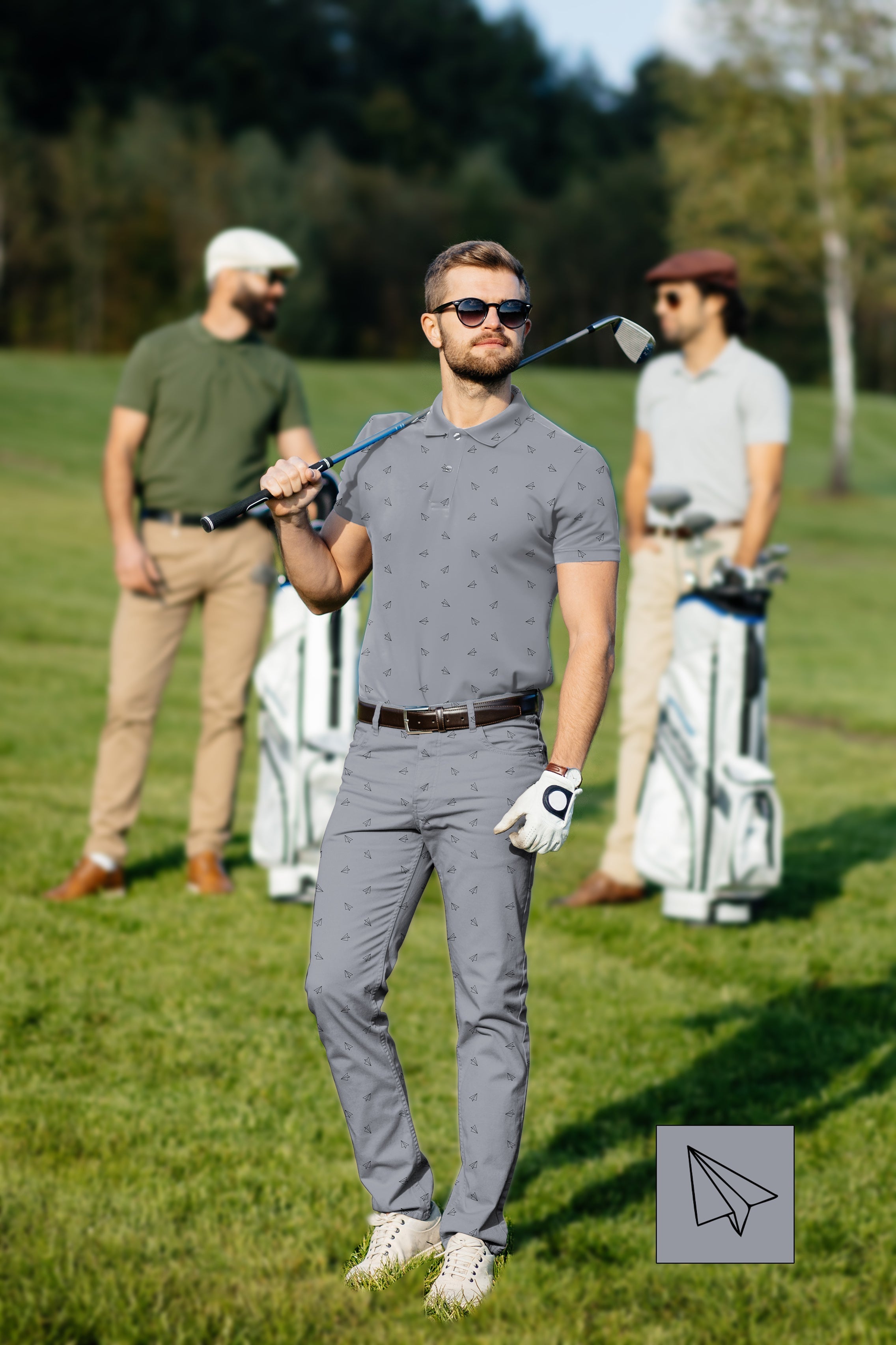 Men's golf set with custom paper airplane design polo and pants, breathable and wrinkle-resistant fabric for comfort and style on the course