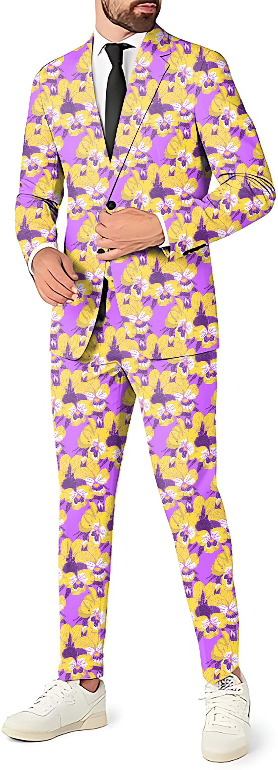 Hawaiian Time Men's floral blazer, pants, and vest party suit set in bright purple and yellow