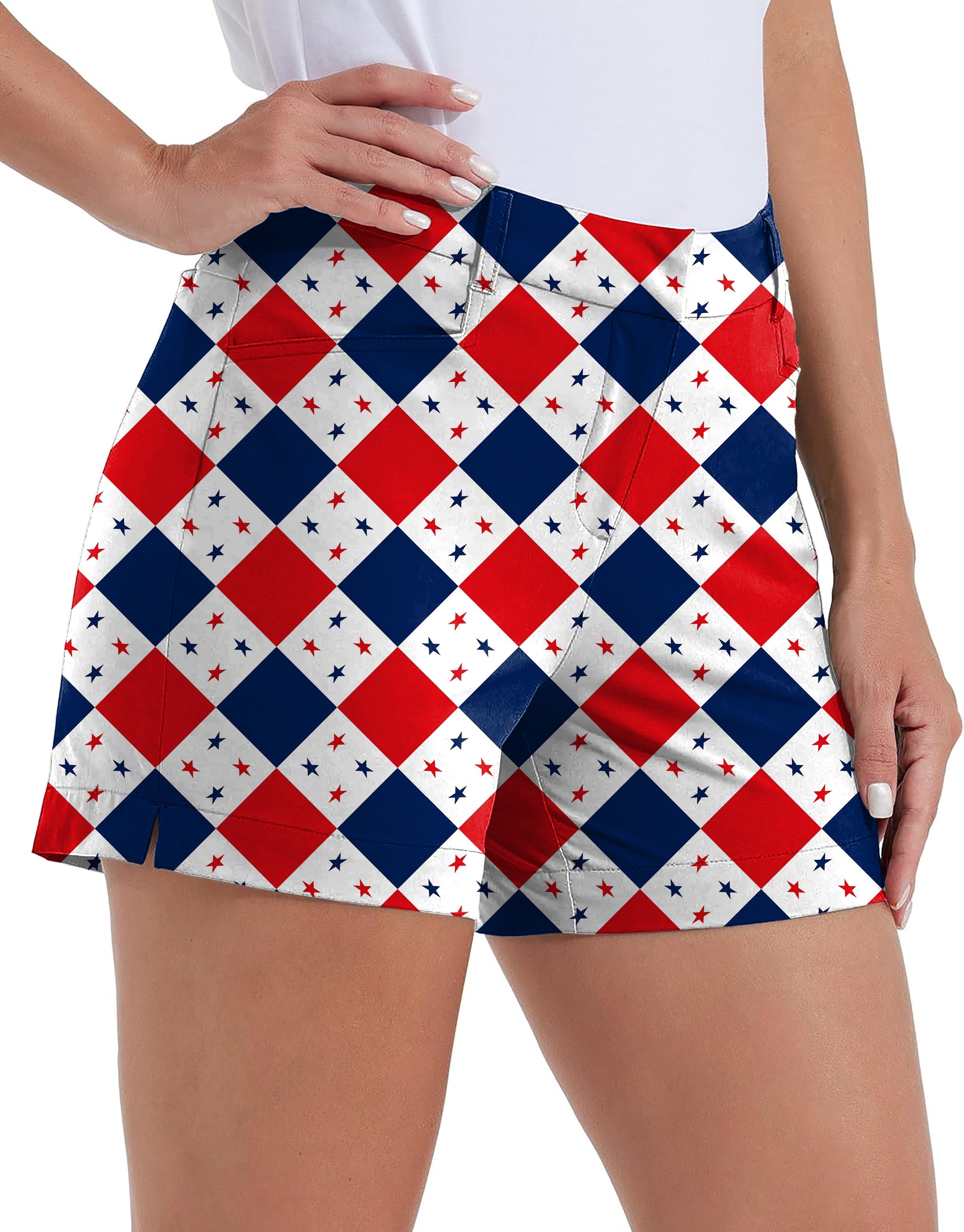 Women's quick-drying Argyle US Star flag pattern golf shorts with pockets