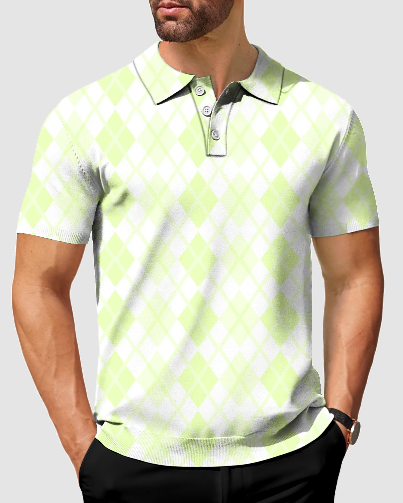 Men's green grid golf polo
