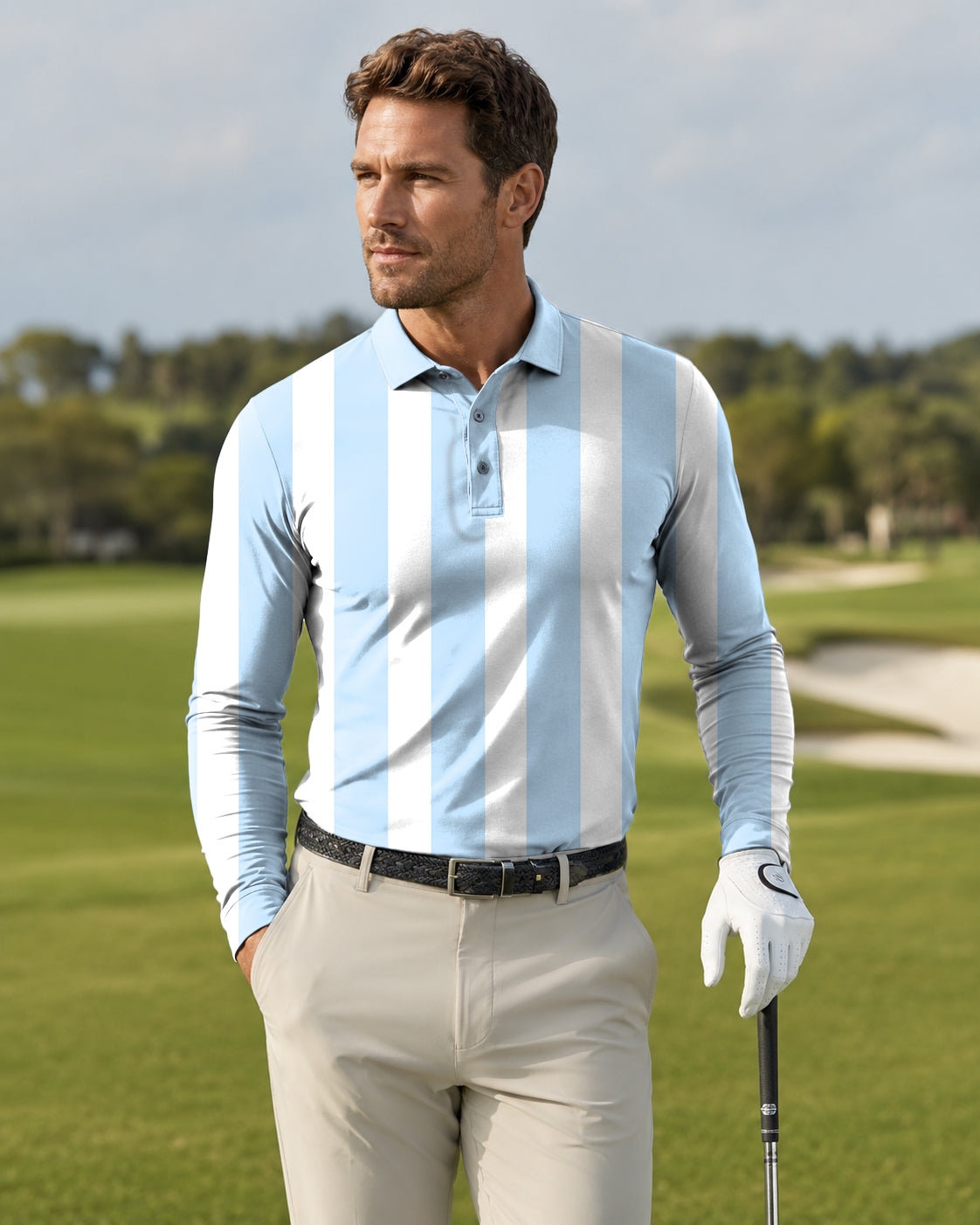 Men's Blue and white vertical stripes Long-sleeved Polo