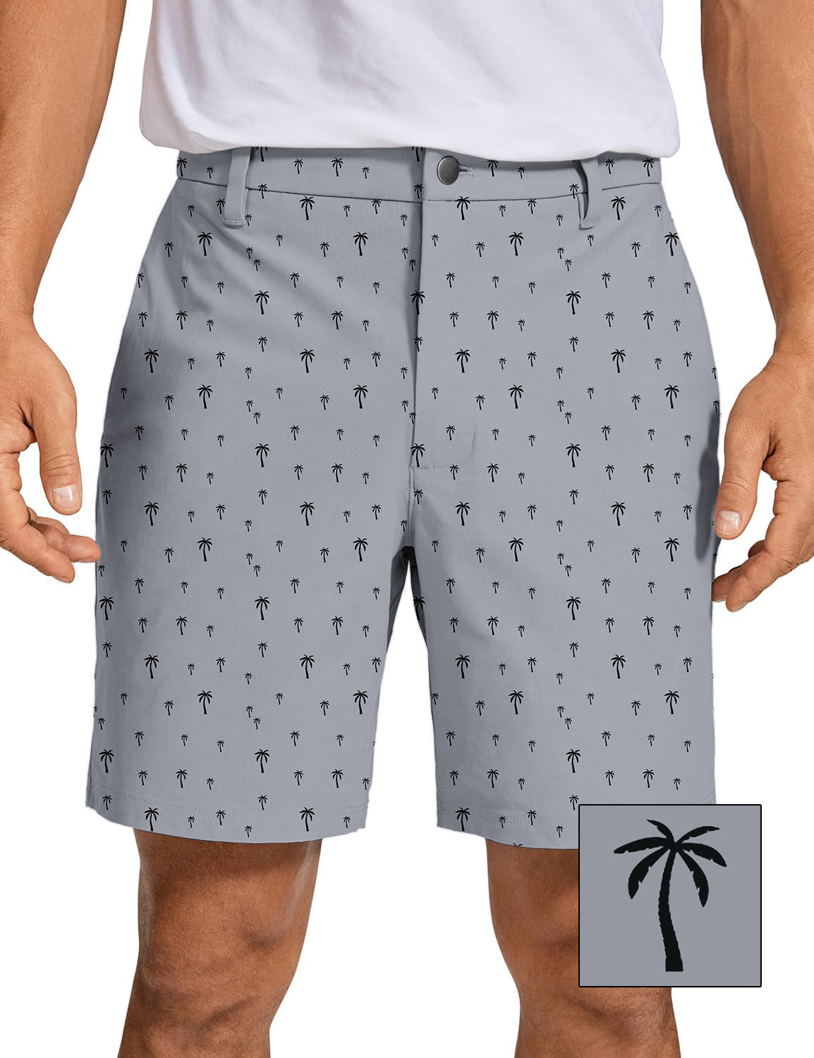 Men's Coconut Palm Custom golf shorts with gray background and black palm tree pattern