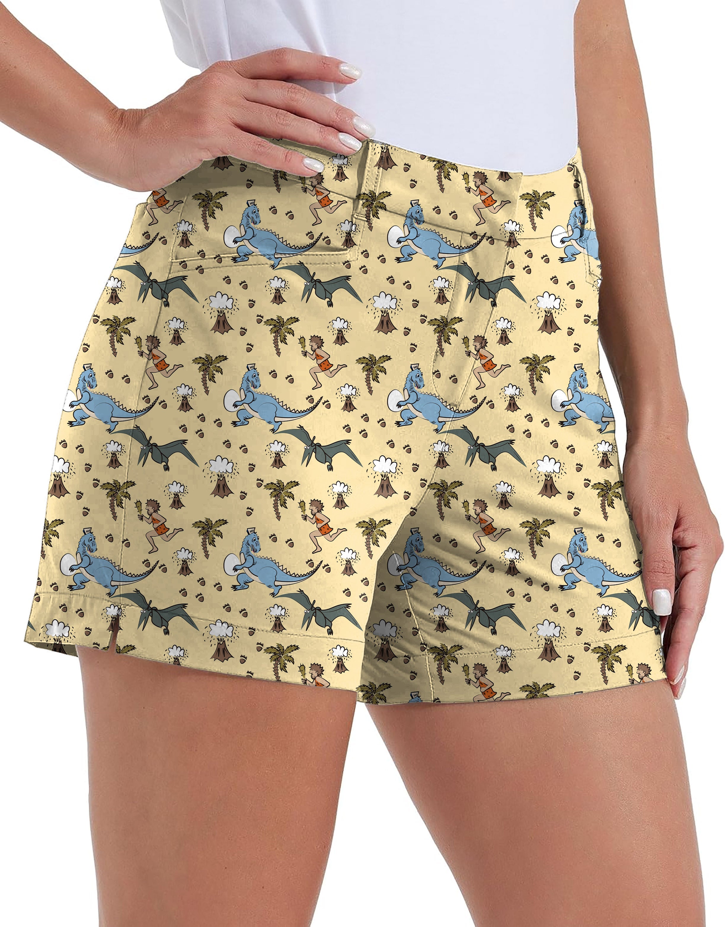 women's dinosaur wild man quick-dry golf shorts with pockets and volcano print
