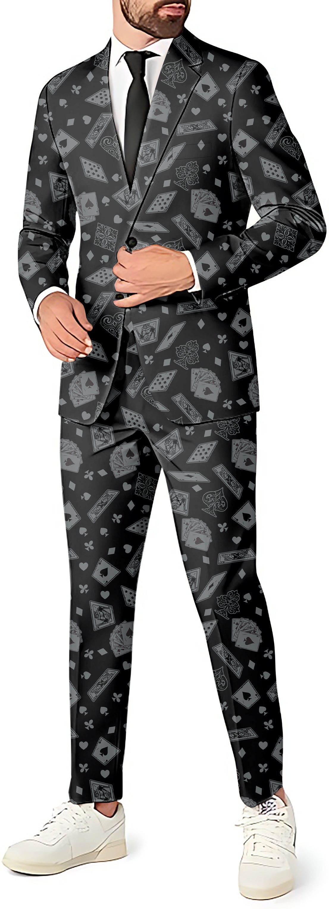 poker men's themed party suit set with blazer, pants, and vest in black with card symbols pattern