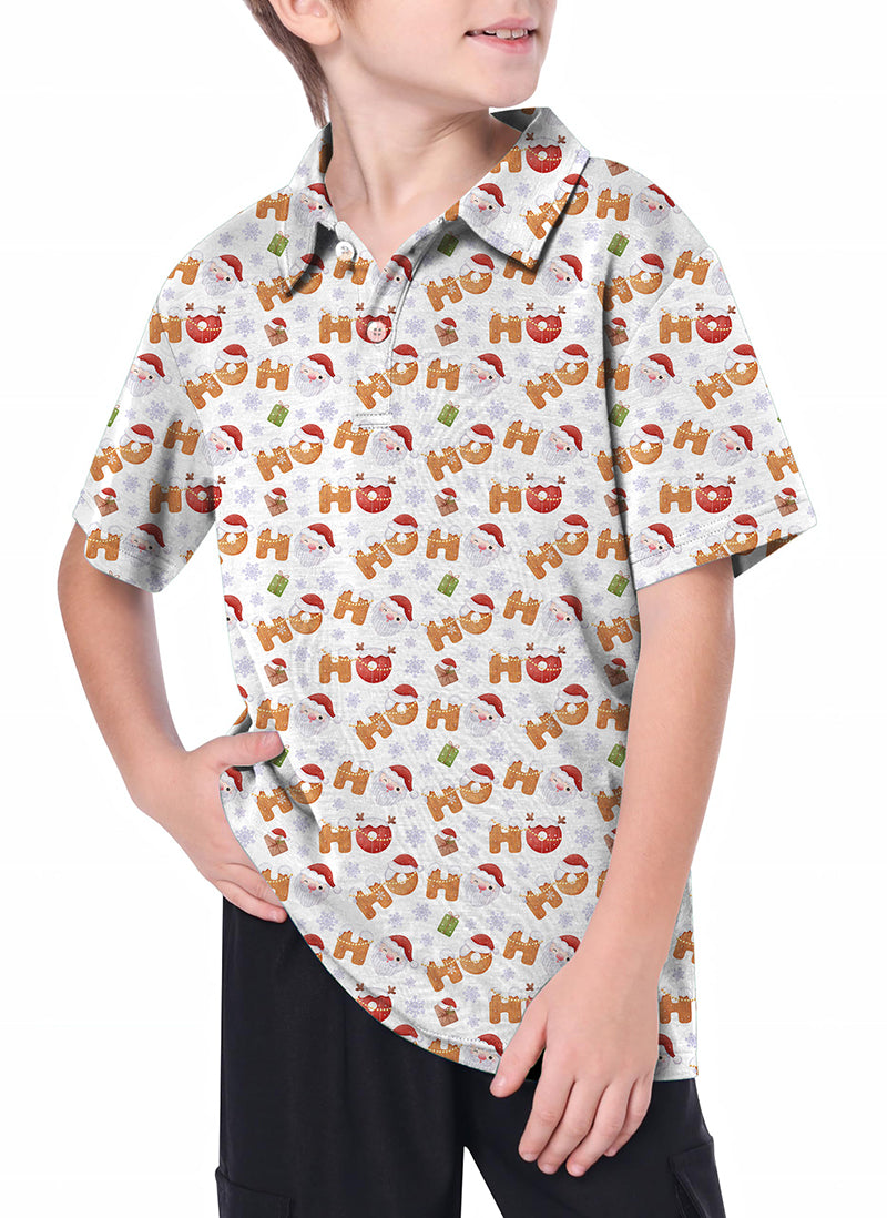 Youth golf polo with Christmas gingerbread HO pattern, short sleeves, moisture-wicking and wrinkle-resistant fabric.
