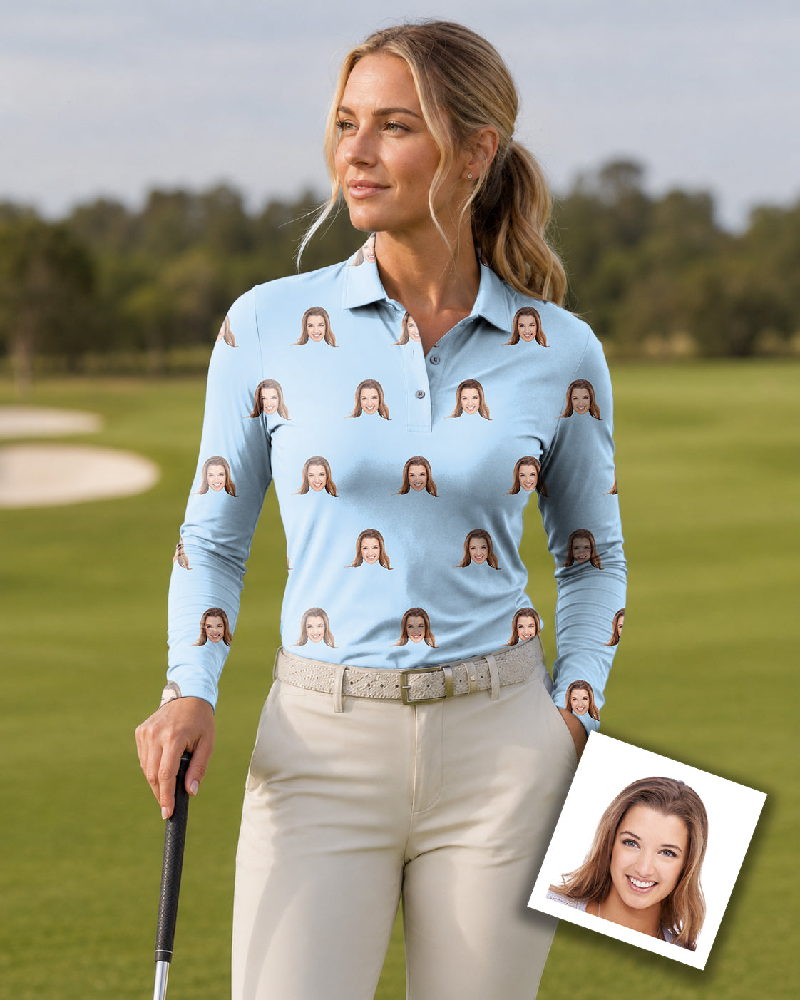 Custom Photo Funny Face Women's Long-Sleeved Golf Polo
