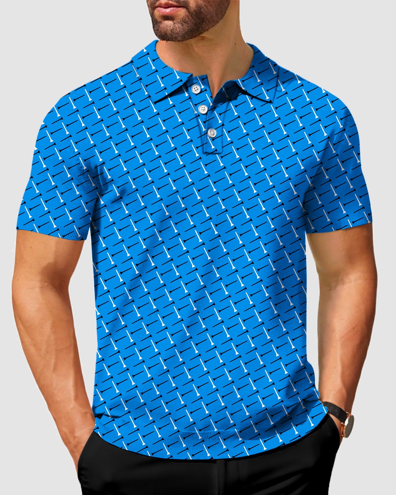 Men's custom blue patterned polo shirt with four-way stretch and moisture-wicking fabric