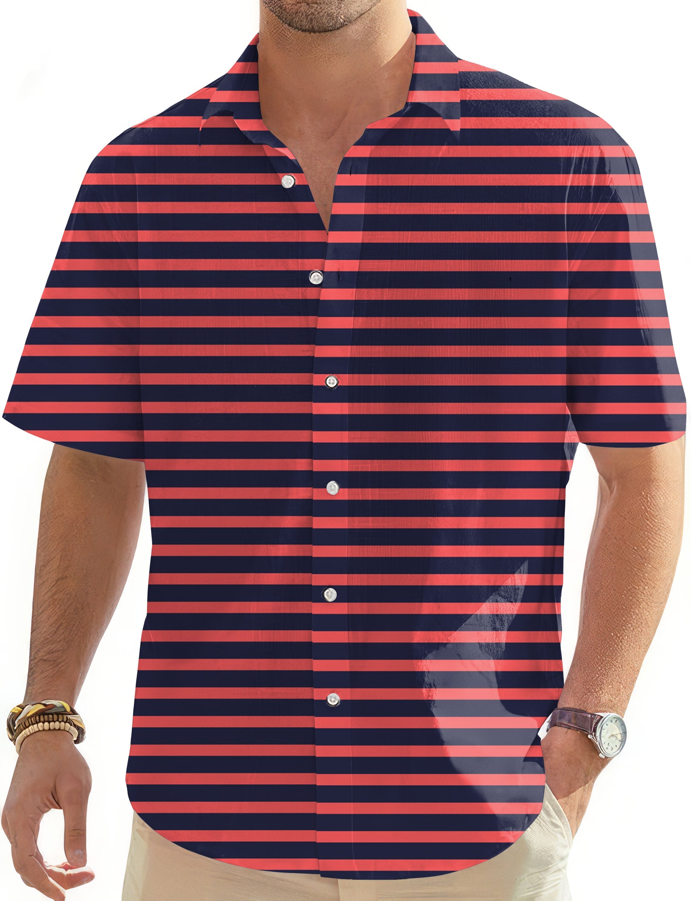 Men's navy and red striped short sleeve button down Hawaiian golf shirt in classic casual style