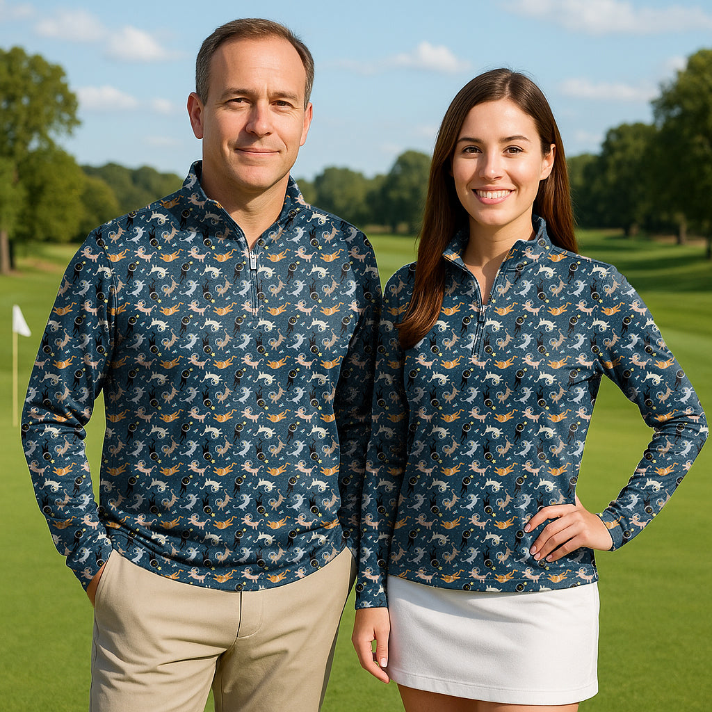 Space Cats Couple Golf active 3/4 zip tops with long sleeves in featherlight fabric, modeled outdoors on golf course
