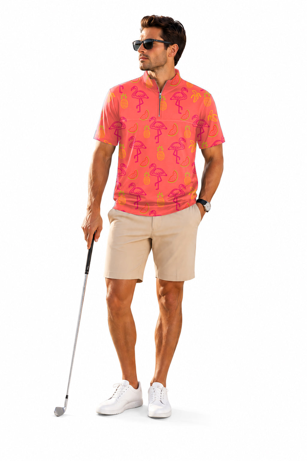 Men's Short Sleeve Quarter Zip Golf Pullover Fruity Flamingo Embroidery