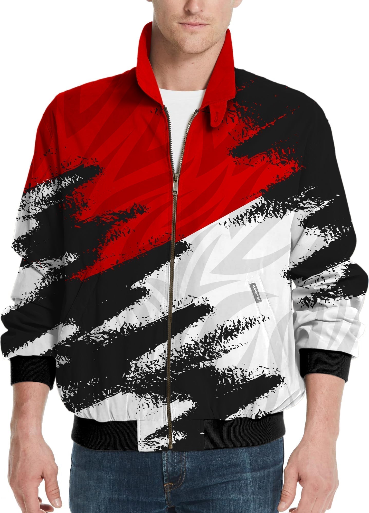 Red custom sport men's golf windbreaker jacket with black and white abstract design