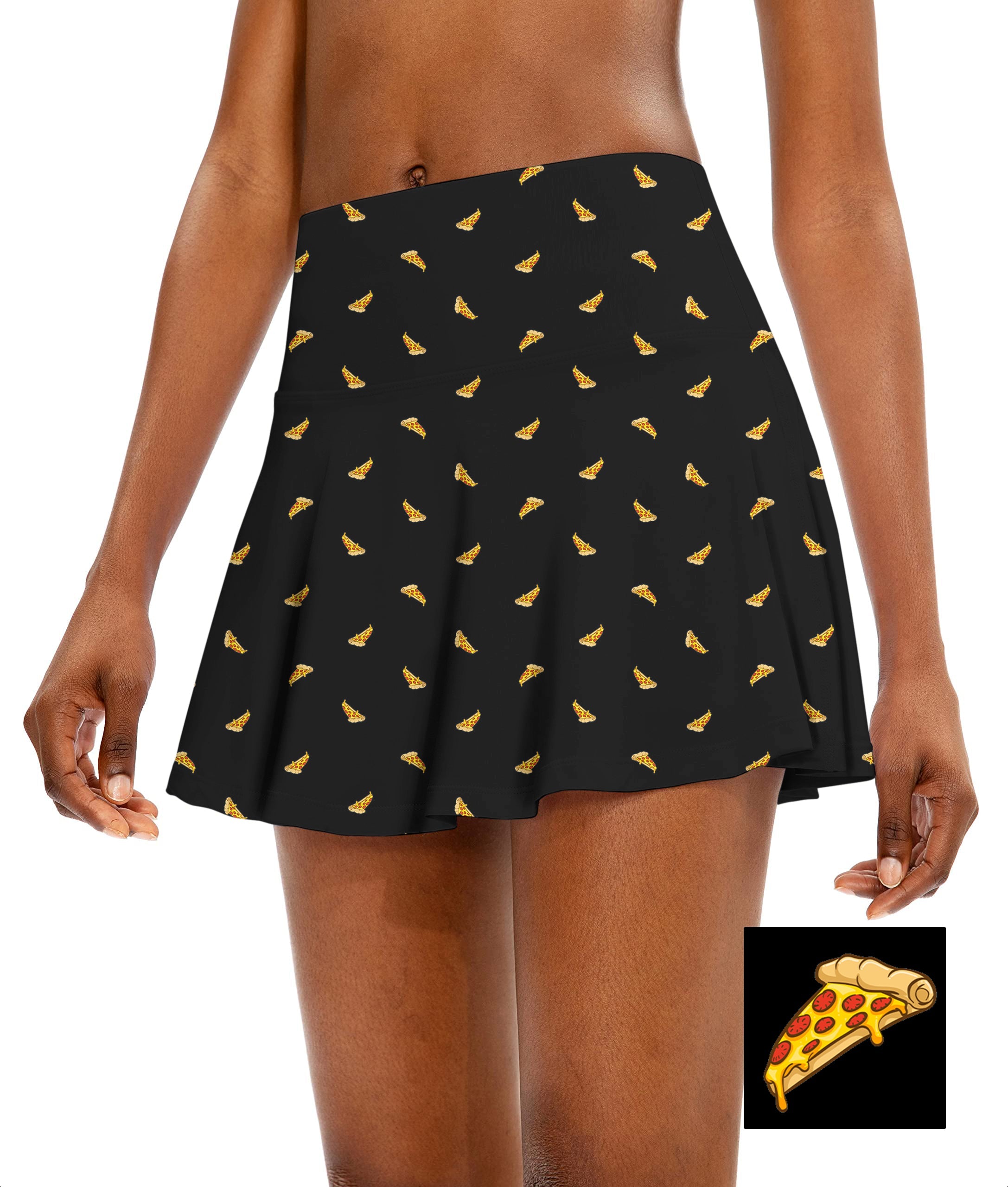 Women's athletic golf skorts with custom white pizza pattern flared skirt design