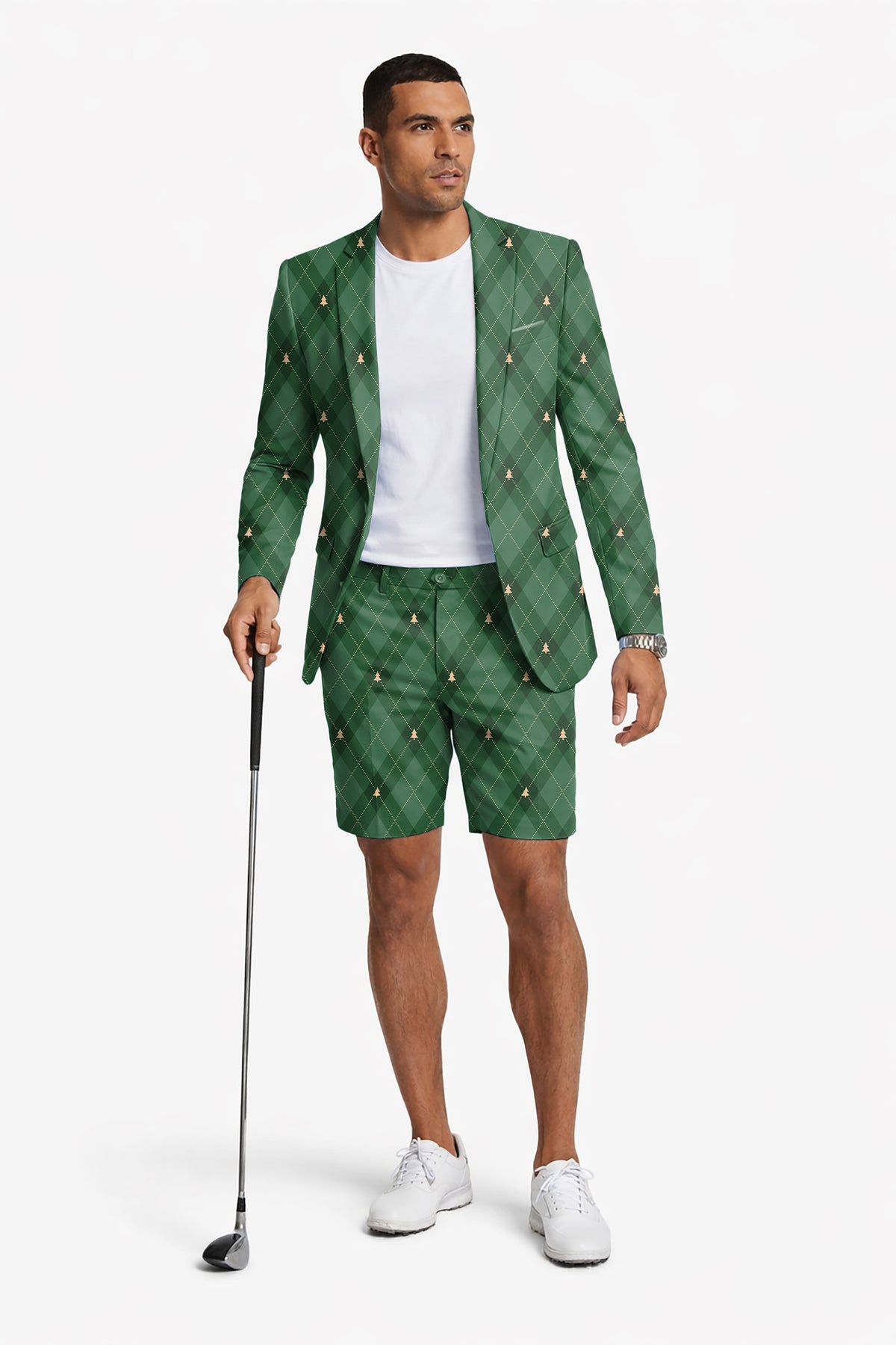Green diamond-patterned Christmas tree Men's Party Costumes-Theme Party 2pcs Suit set-Blazer Shorts