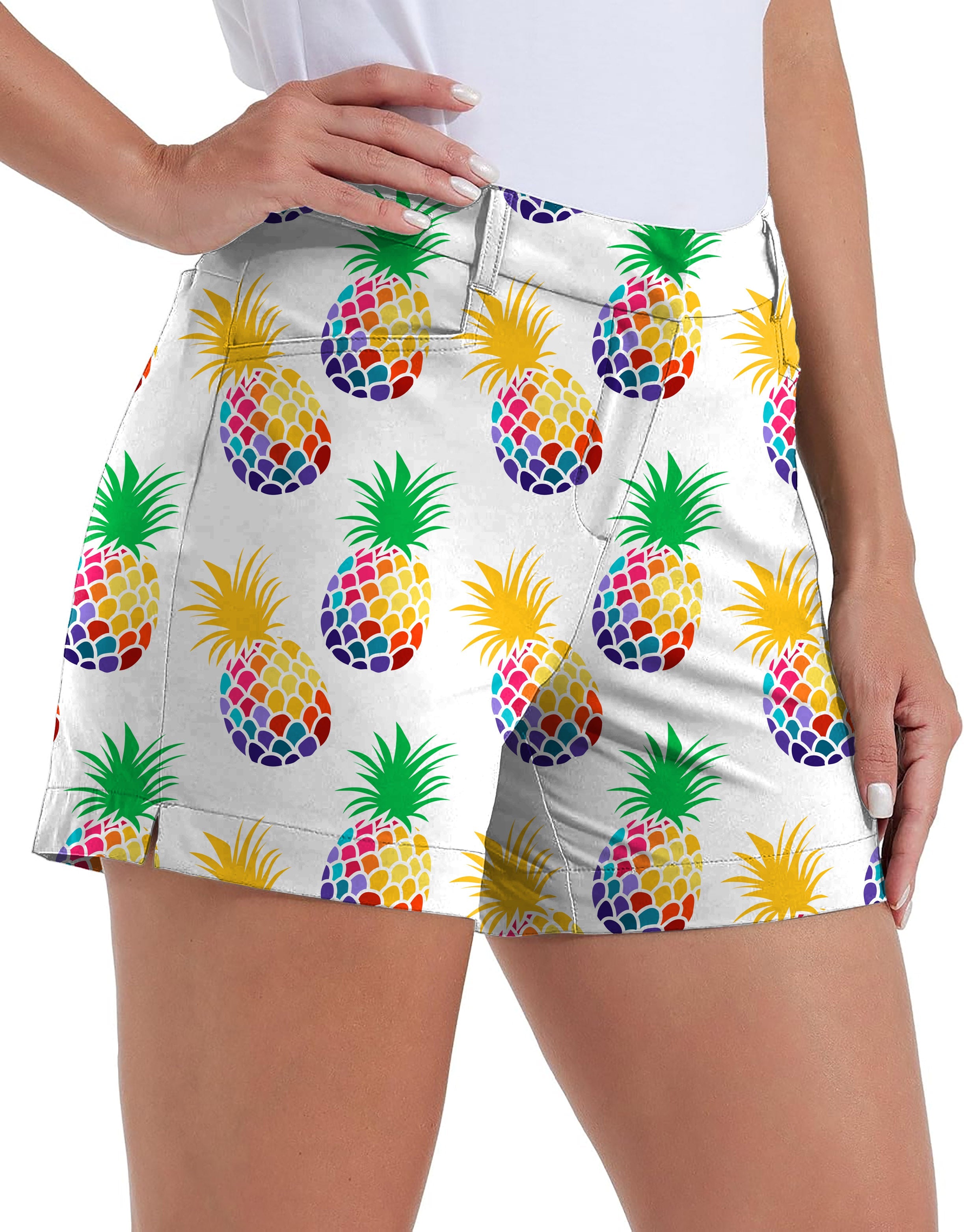 Women's Pineapple Disco Own Logo quick-drying golf shorts with colorful pineapple print and pockets