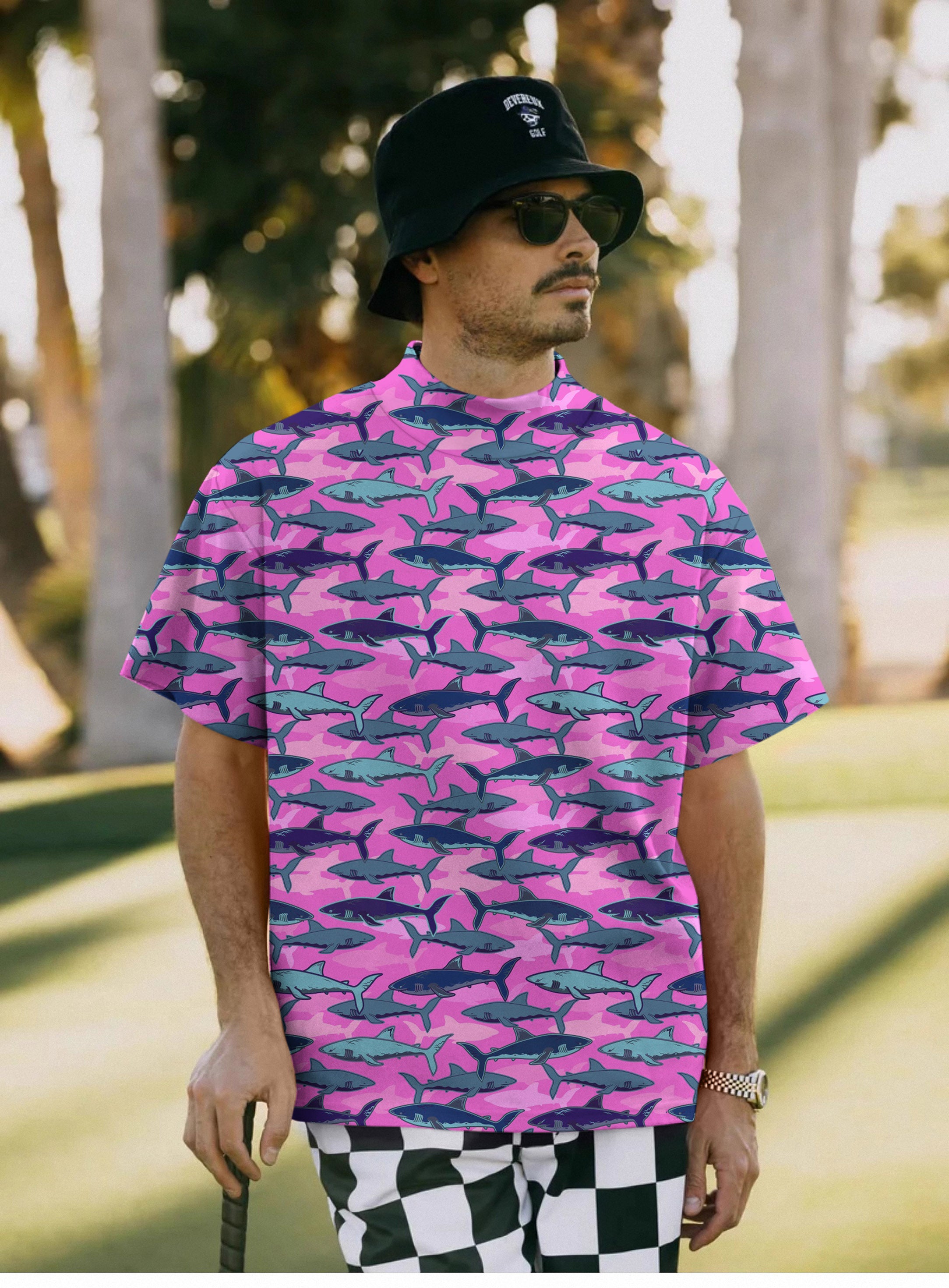 Men's Electric Sharks Pink Pullover High neck Long/Short sleeve T-Shirt