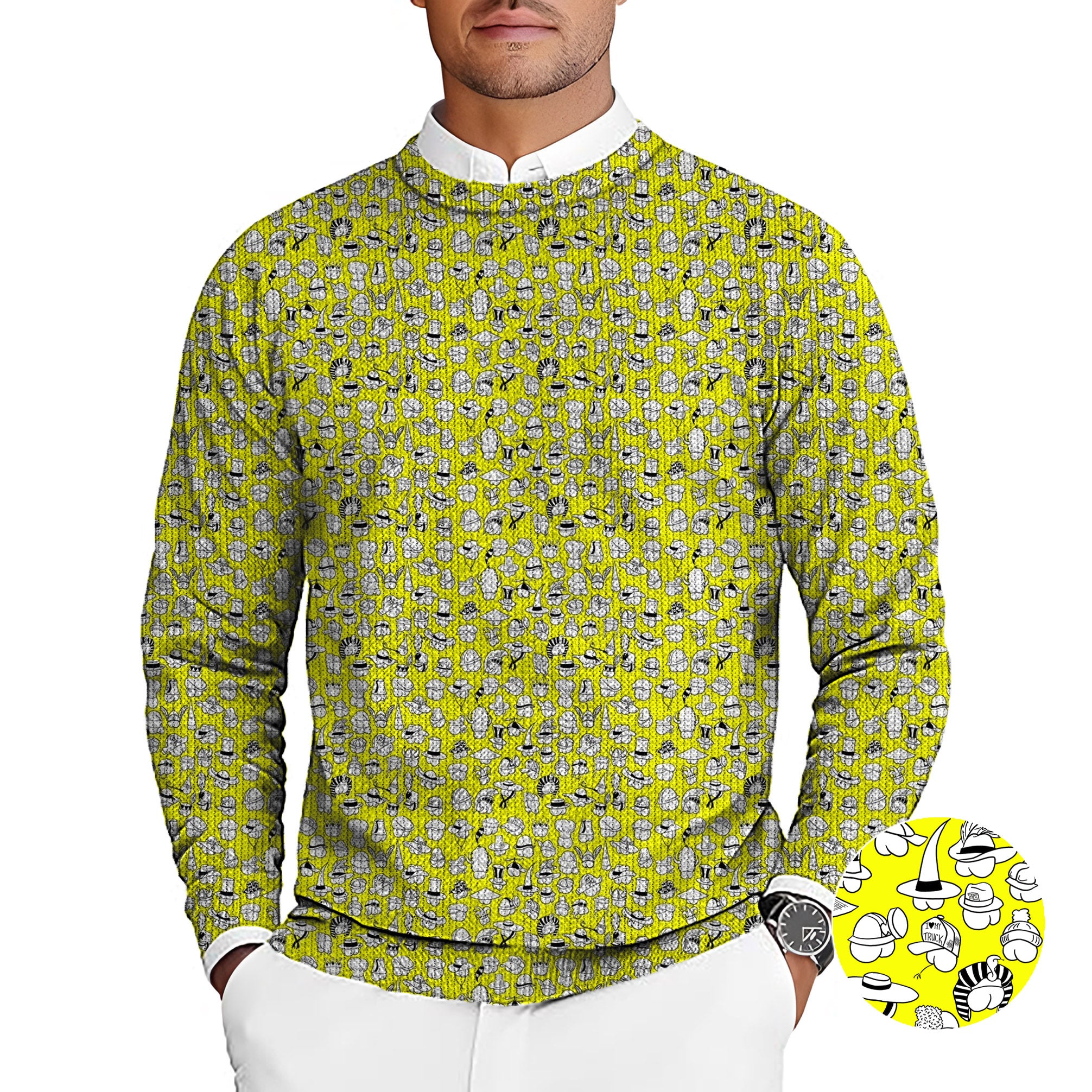 Yellow Versatile Hips Designer style Men's Golf Crewneck Pullover Sweaters Ugly Sweater