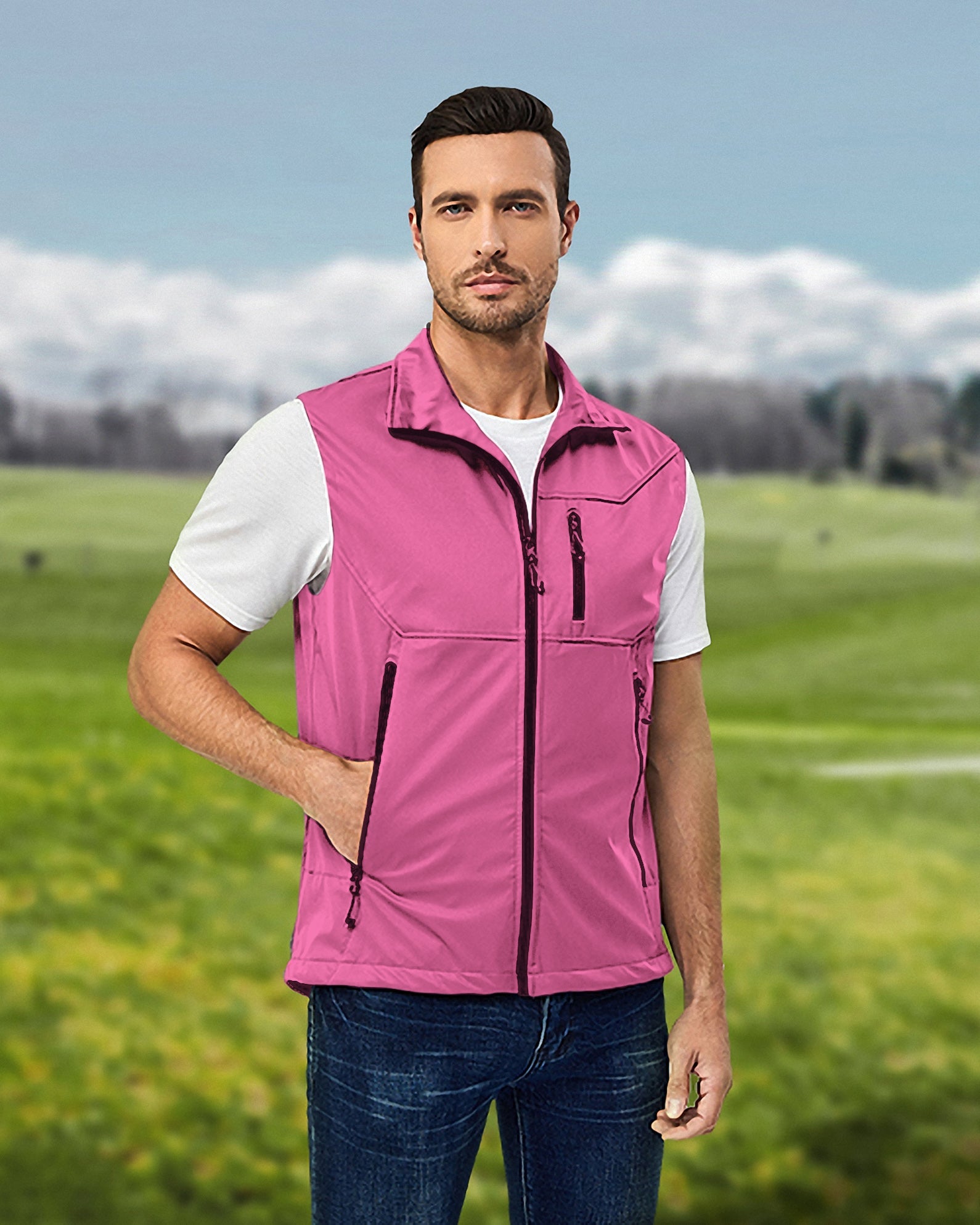 Men's pure fuchsia lightweight softshell vest sleeveless jacket for golf outdoors