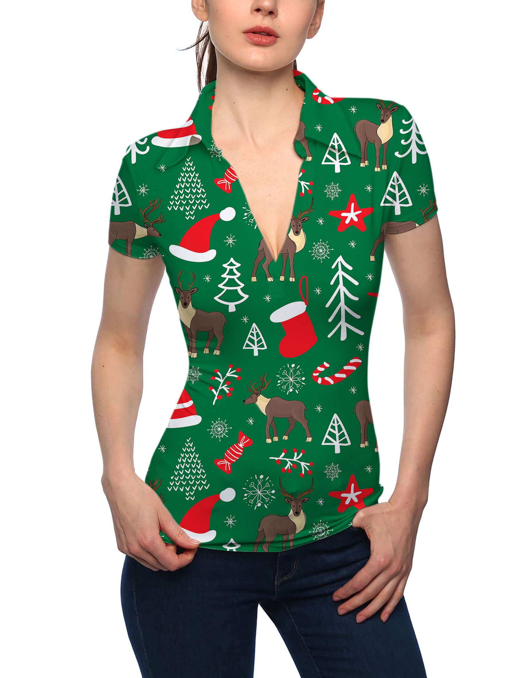 Women's Elk deer Christmas V Neck Golf Polo