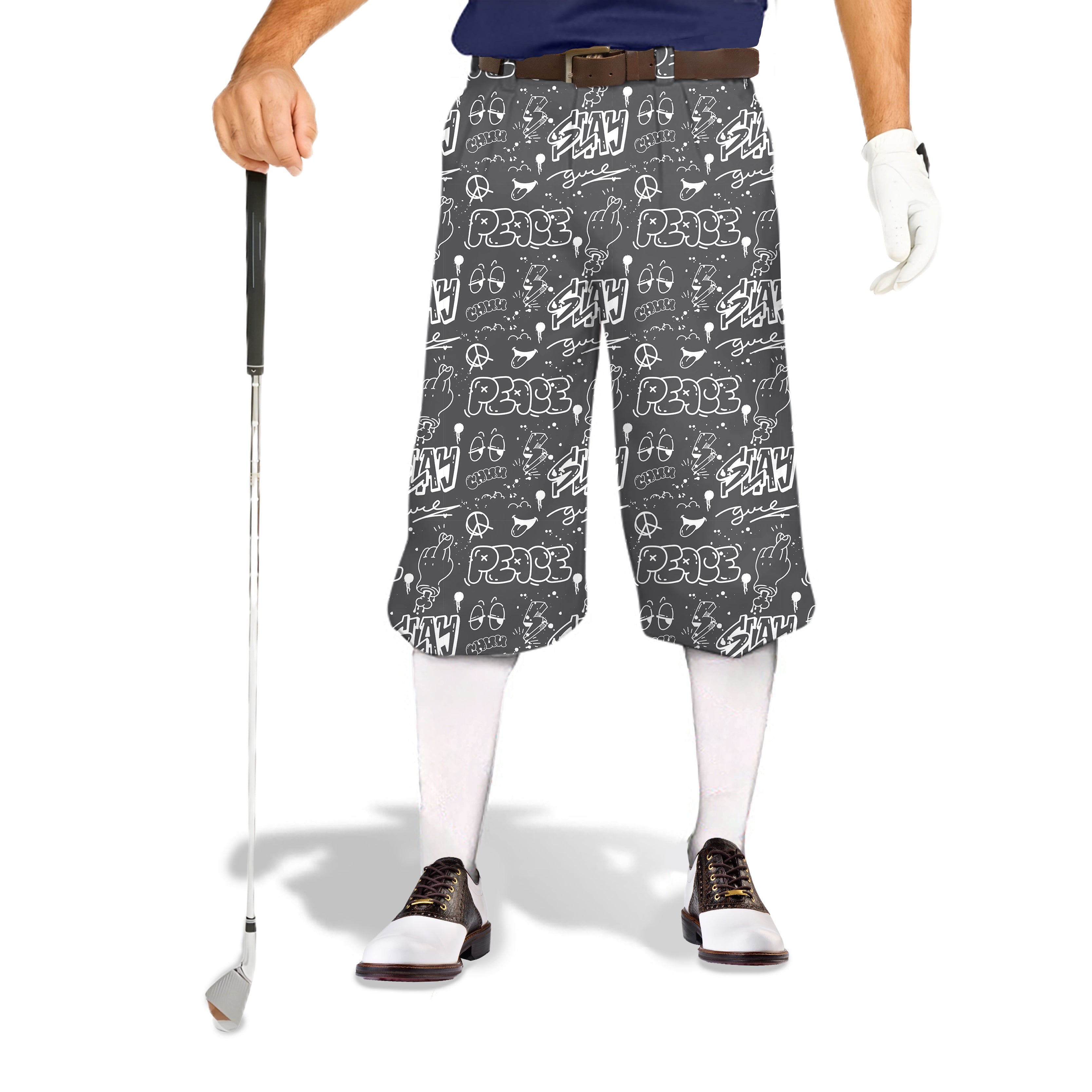 Gray Slay Peace Men's Golf knickers with snug ankle cuffs and bold graphic design
