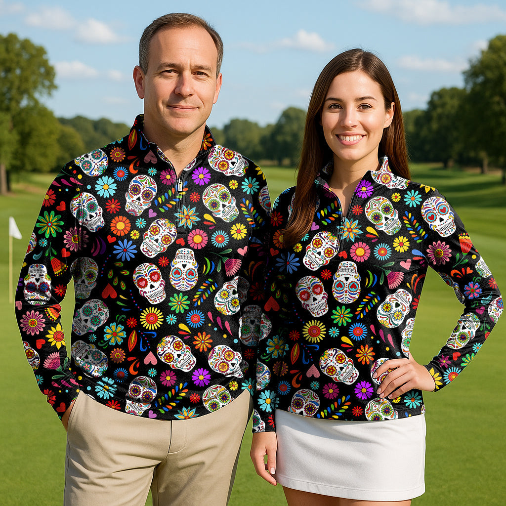 Couple wearing Fiesta Feeling skull active golf 3/4 zip tops with colorful skull and floral patterns outdoors