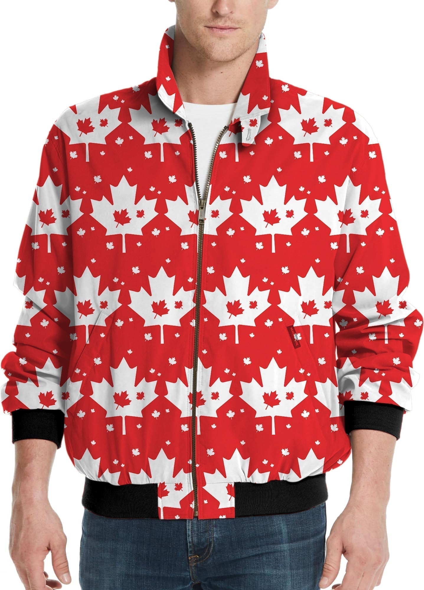 Men's golf windbreaker jacket with red and white Canadian Maple Leaf pattern