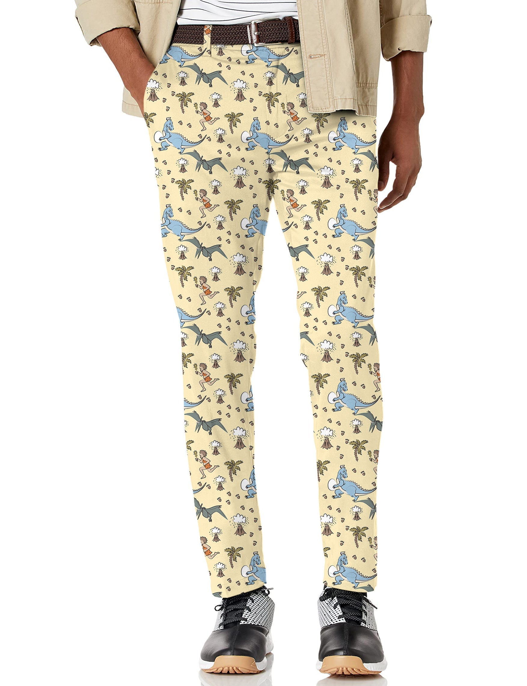 Men's dinosaur print stretch golf pants with moisture-wicking fabric and active waistband