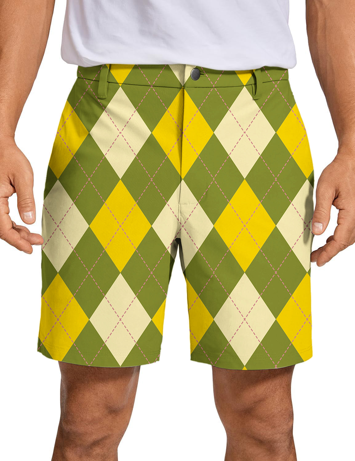 Men's Yollow Argyle golf shorts with yellow and green diamond pattern, lightweight and breathable fabric.
